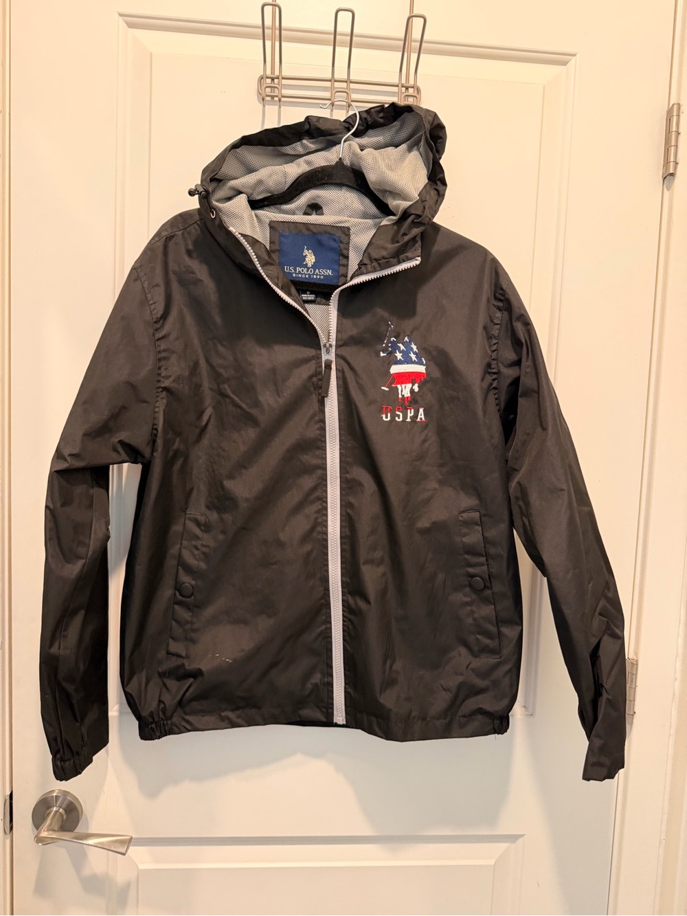 U.S. Polo Assn. Black USPA American Flag Logo Hooded Windbreaker Jacket Size M